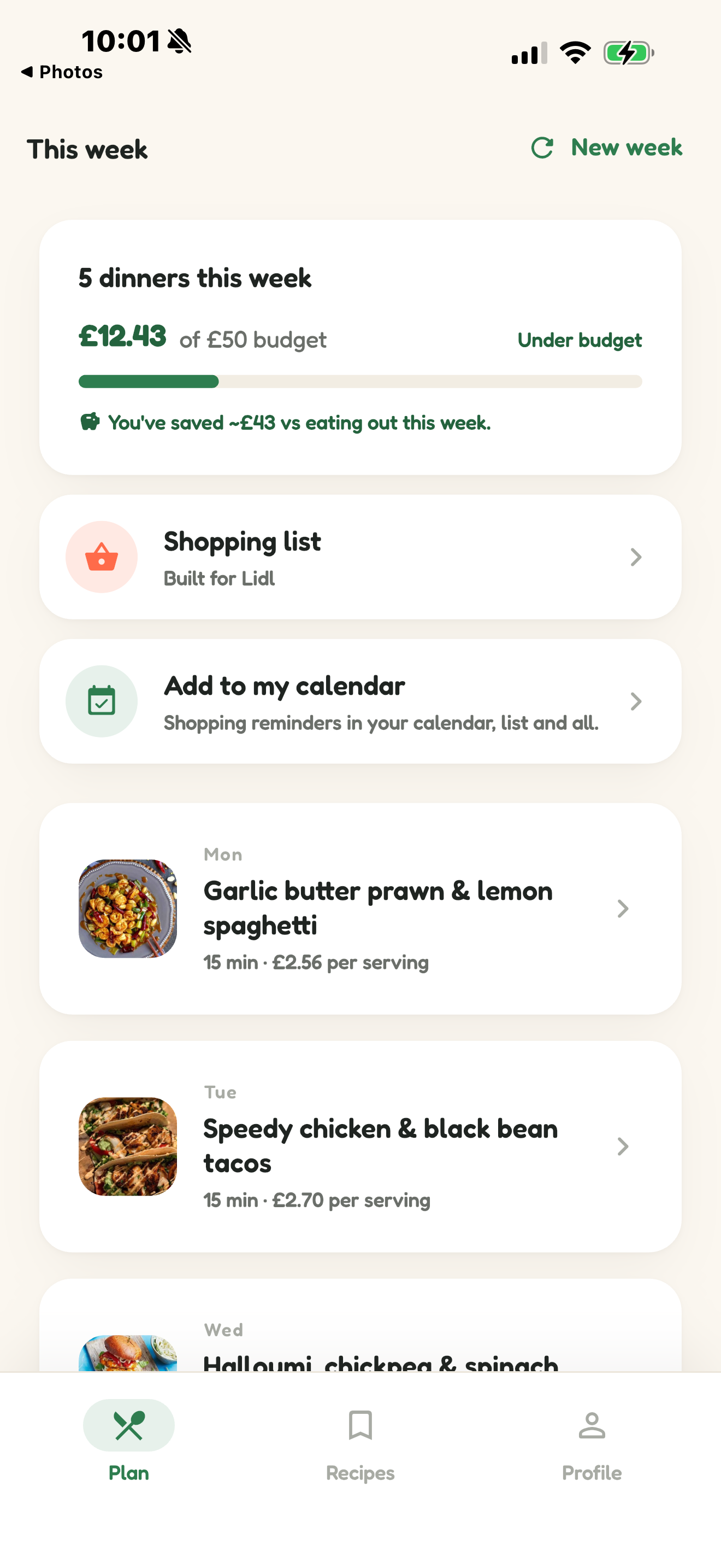 The Bite app showing a week of dinners, a budget tracker, a shopping list built for the user's supermarket, and a calendar reminder option.